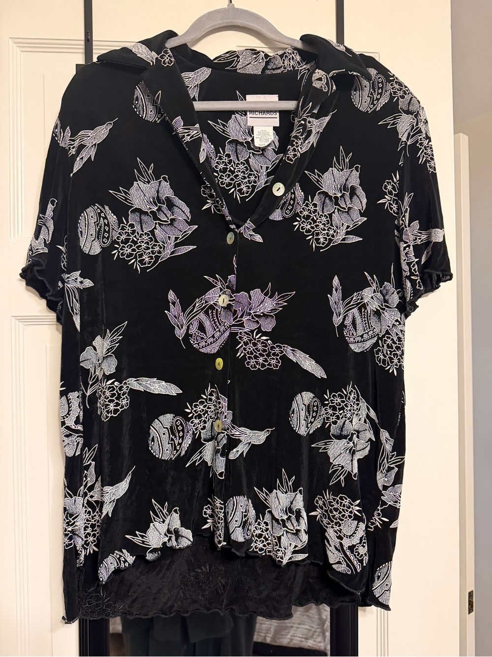 Vintage Velvet Floral Button-Up Shirt - Black with Lilac/White Print